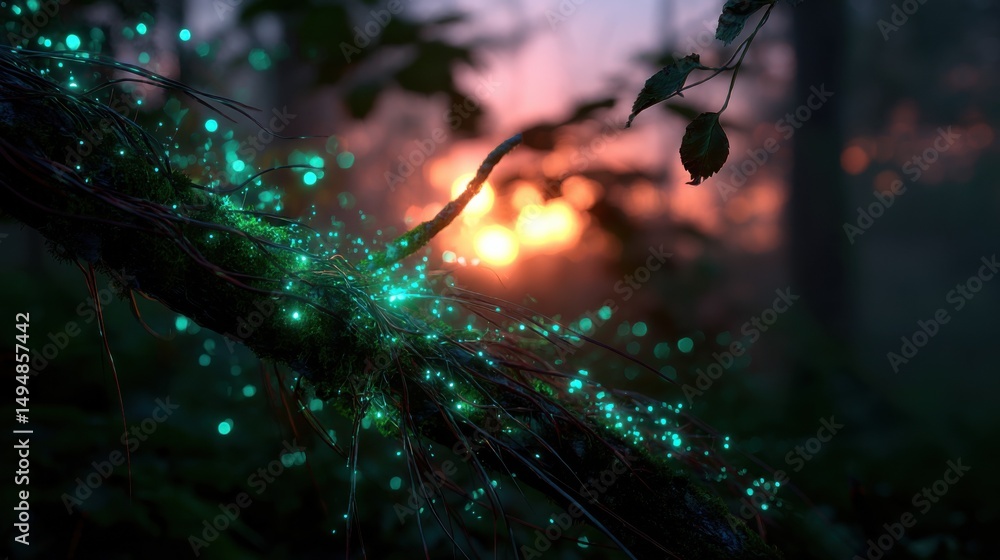 Poster mossy branch adorned with glowing lights in forest at dusk, evoking a sense of wonder and enchantmen