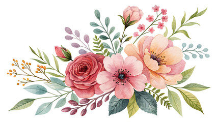 Watercolor painting of a beautiful floral bouquet with roses and other flowers