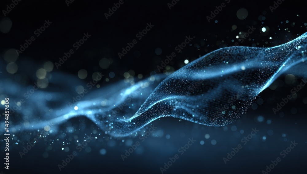 Poster Abstract Blue Wave of Glowing Particles on Dark Background, Representing Innovation and Technological Advancement in Data Visualization : Generative AI