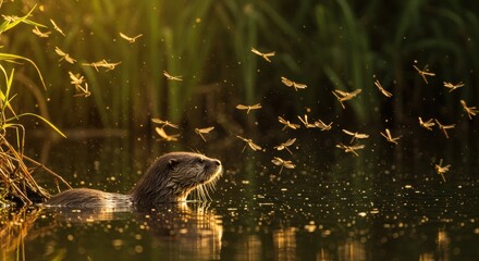Obraz premium Otter swimming in a serene pond surrounded by dragonflies at sunset, showcasing nature's beauty - images of otters