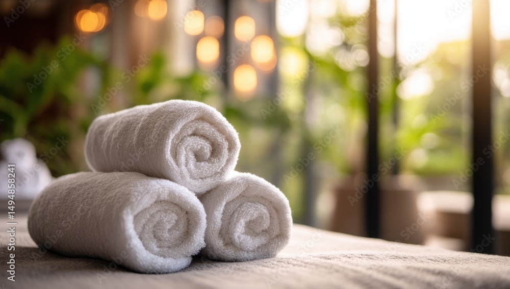 Poster stack of rolled white towels in spa setting, representing wellness retreats and self-care, with soft