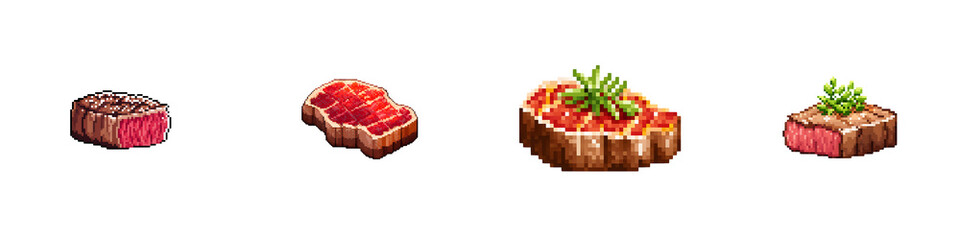 Pixel art depiction of various steak dishes