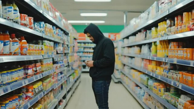 Thief in a hoodie in a supermarket.
