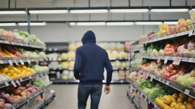 Thief in a hoodie in a supermarket.