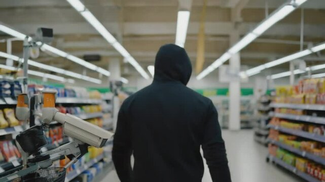 Thief in a hoodie in a supermarket.