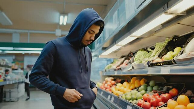 Thief in a hoodie in a supermarket.
