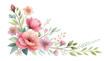 Beautiful Watercolor Corner Floral Arrangement with Pink and Peach Blossoms and Green Greenery
