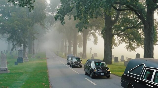 Funeral cars in a cemetery.