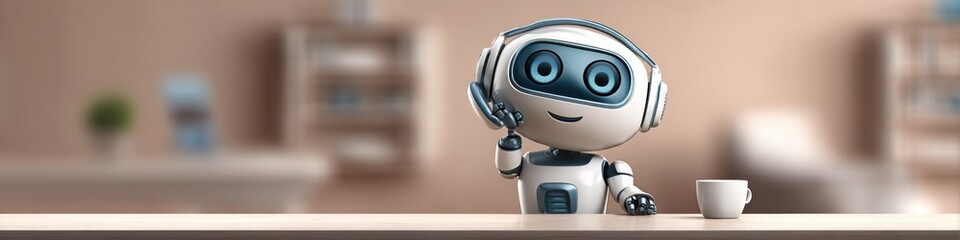 Cute Robot Wearing Headphones Thinking at Desk With Coffee Cup, Showcasing Artificial Intelligence and Technological Innovation in Future Concepts : Generative AI