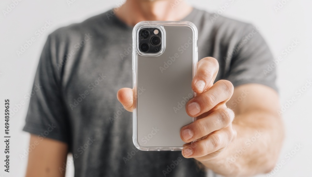 Leinwandbilder Man Holding Smartphone with Clear Case in Hand, Displaying Mobile Technology and Communication Solutions, Perfect for Product Presentation : Generative AI