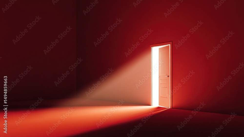 Poster open doorway casting a bright light in red room, symbolizing opportunity and new beginnings for busi