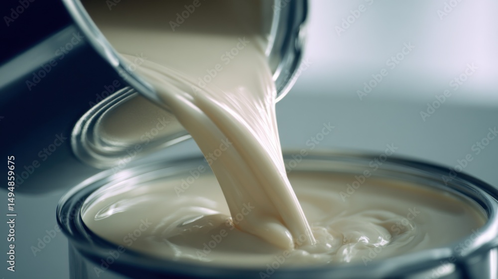 Poster beige paint pouring from can to can, illustrating home improvement and creative expression, perfect 