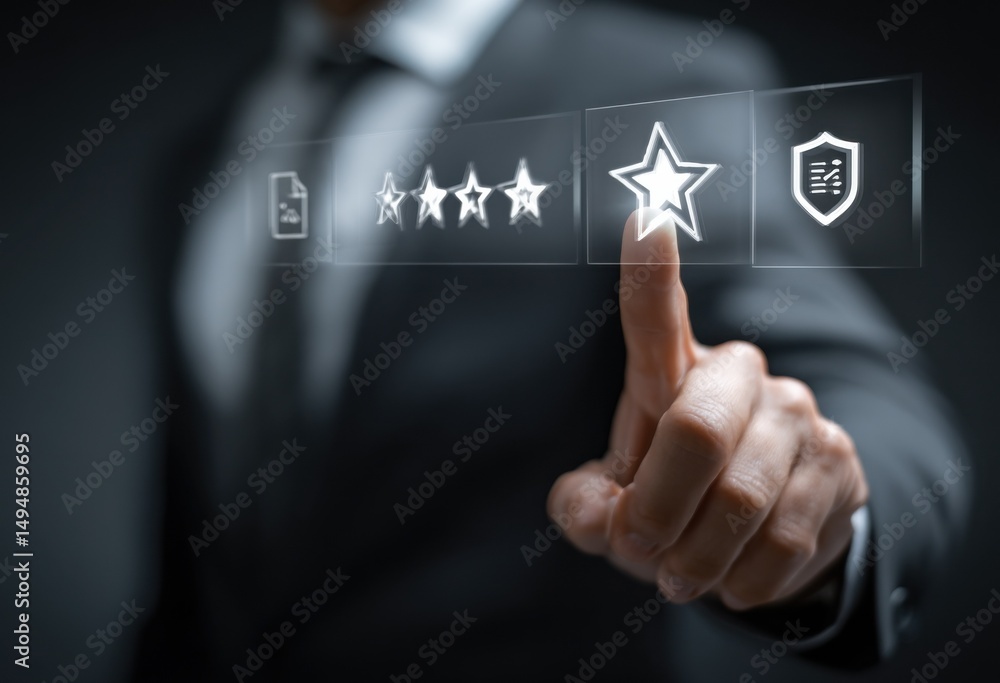 Poster hand touching star icon on glass panel, symbolizing customer satisfaction and quality assurance in b