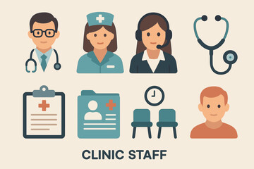 Healthcare and clinic staff icons set – flat, filled, medical and hospital symbols