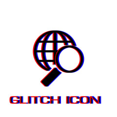 Magnify globe icon flat. Simple pictogram - Glitch effect. Vector illustration symbol