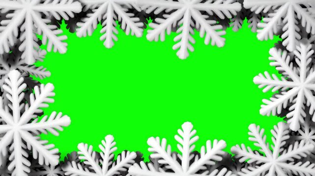 Christmas and New Year snowflakes frame. Big snowflakes frame on a green screen. Snowflakes frame animation. 3D snowflakes. Winter design