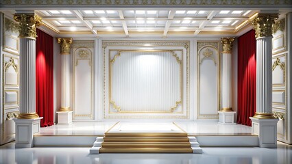 Luxurious stage design with columns red curtains and golden accents for events and performances