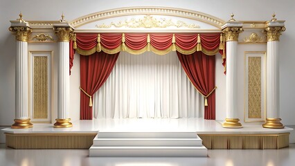 Luxurious and elegant stage design with red curtains gold accents and detailed architectural elements