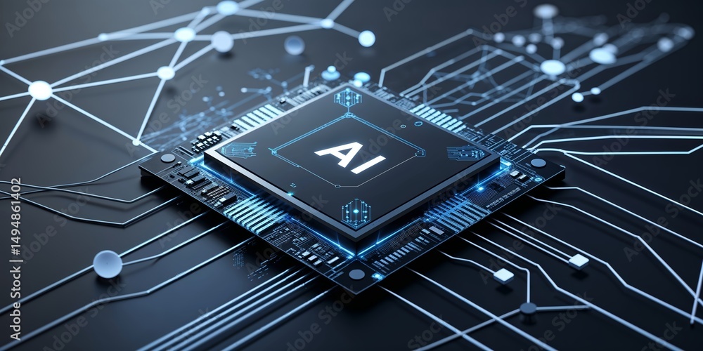 Poster artificial intelligence processor on a circuit board with intricate designs and glowing connections