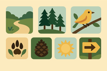 Nature icons collection featuring forest paths and wildlife elements