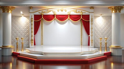 Luxurious stage with red drapes gold accents and white walls for events and presentations