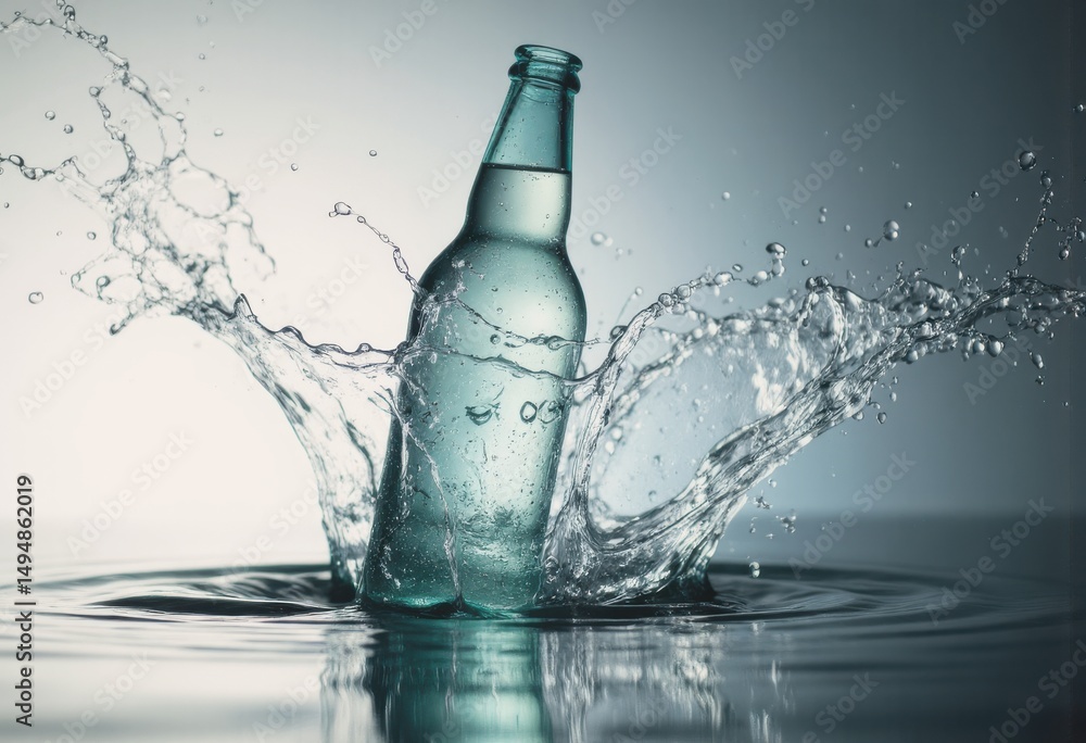 Poster water bottle splashing into the surface, creating dynamic water droplets