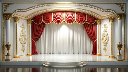 Elegant theater stage interior with red drapes and ornate gold accents under spotlight