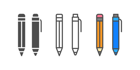 Pencil and pen icon. Office supplies, study, writing symbol. Outline flat and colored vector illustration.
