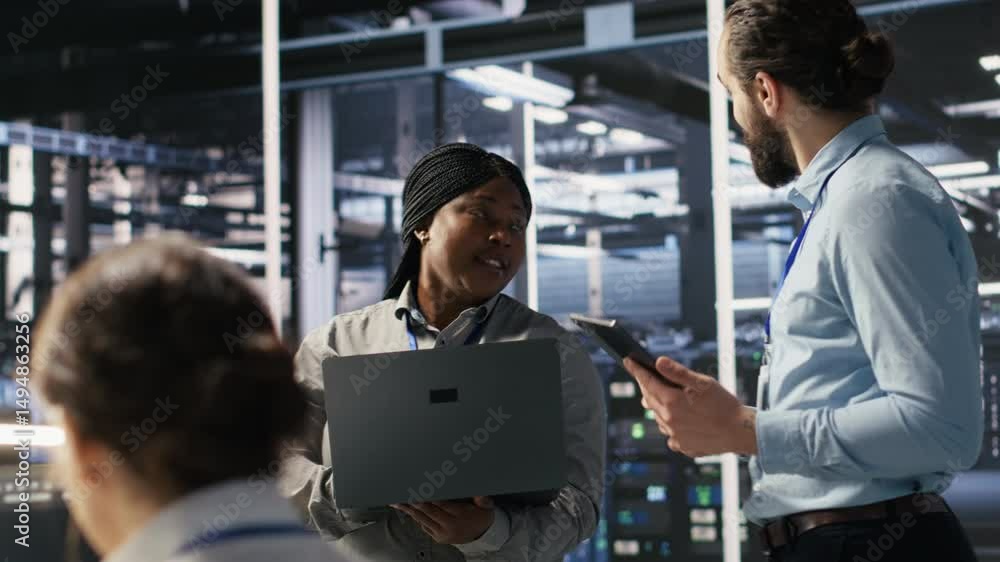 Poster data scientists working together in server room, reviewing neural network code and llm visualization