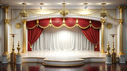 Ornate stage design with red curtains gold accents chandeliers and decorative columns