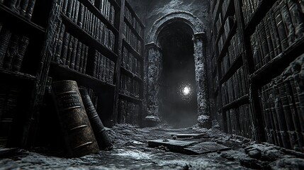 Mysterious ancient library illuminated by distant light, hinting at secrets
