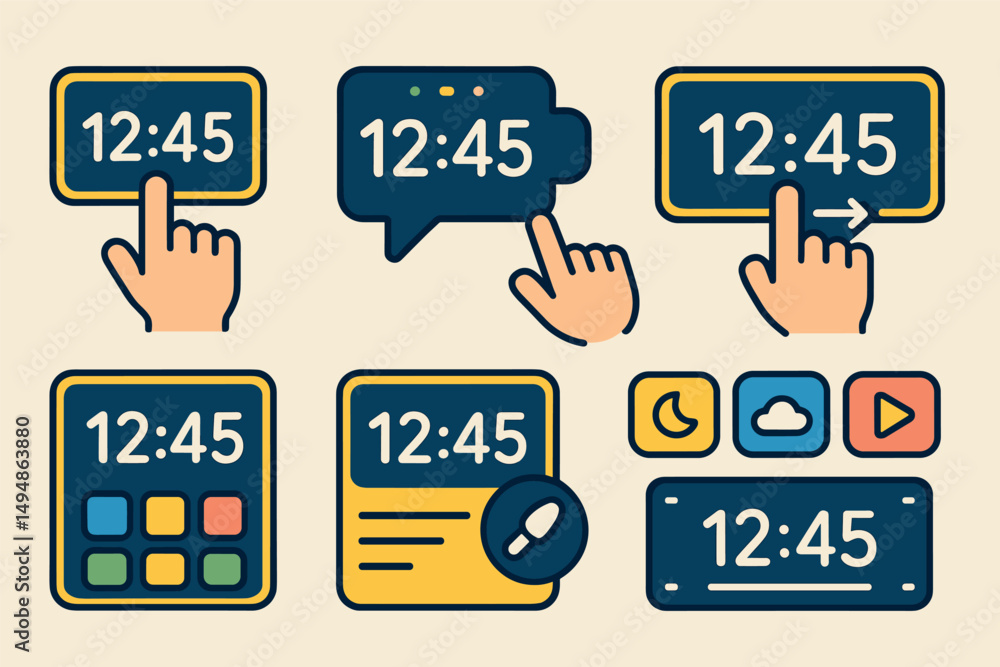 Poster digital clock linear icons set – gadget, time, interface symbols in outline style