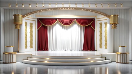 Luxurious stage design with red curtains gold accents and illuminated lighting for events
