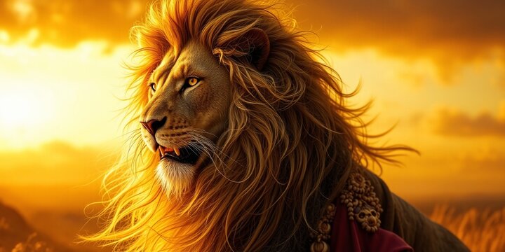Majestic Lion Mane Against a Sunset Sky