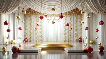 Elegant christmas or new year's stage decorated with gold and red ornaments for presentation