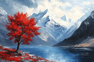 Awe-Inspiring Mountain Landscape with Fiery Sunset Sky