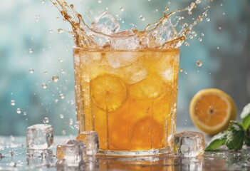 Refreshing iced tea with lemon and ice cubes splashing in a glass