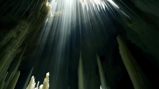 Stunning limestone cave ceiling with natural light shining through opening and water cascading down in dark cavern