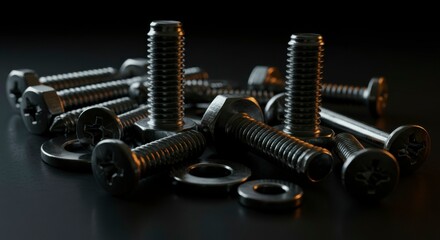 A close-up of assorted metallic fasteners, including screws, bolts, and washers, arranged on a dark surface