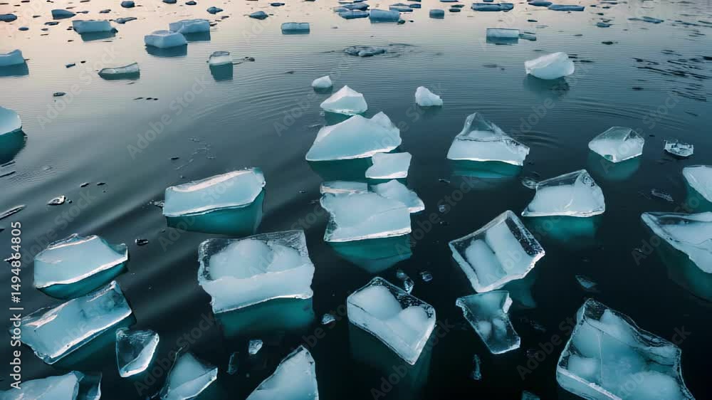Aufkleber images display a serene scene of floating icebergs in calm water during twilight, reflecting soft bl
