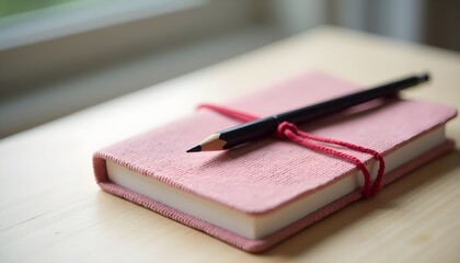 A pink notebook with a red string tied around it and a black pen resting on top