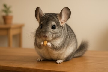 Chinchilla sitting on wooden table holding treat in front paws, domestic rodent pet in cozy indoor environment