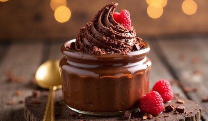 Chocolate Ice Cream in Glass Jar on Rustic Wooden Table. AI generated.