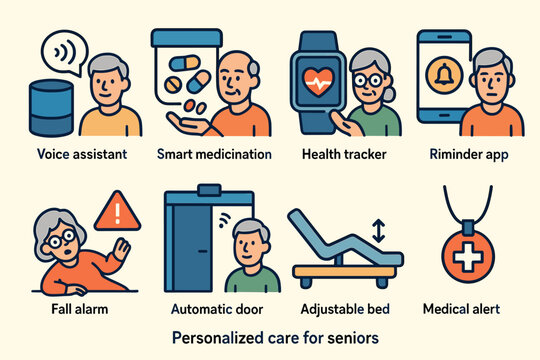 Personalized care flat icons set – medical, health, senior support symbols