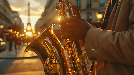 Musician playing saxophone on a street of Paris during world music day on June 21 celebrated in France.