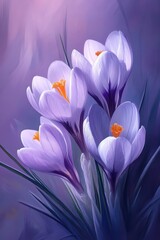 Fototapeta premium Softly lit, pale purple crocuses bloom in a cluster, their orange centers vibrant against the muted background