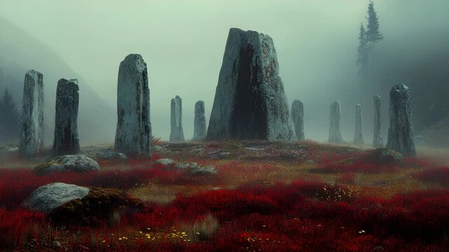 A foggy landscape with red flowers and rocks in the fore