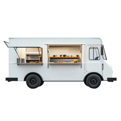 White Food Truck Offering Fresh Pastries and Beverages in a Modern Urban Setting on transparent background