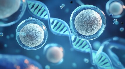 Advanced Regenerative Medicine: Microscopic 3D Rendering of Human Stem Cells Interacting with a Detailed DNA Helix, Illustrating the Fundamental Building Blocks for Future Biotechnological Therapies.