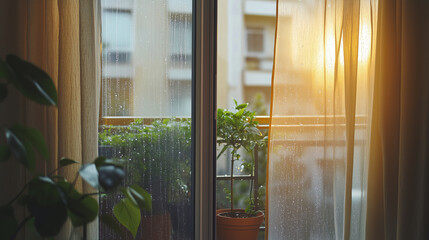 Empty living room with open window and view to the balcony with plants in flower pots during the rain on a hot summer day.